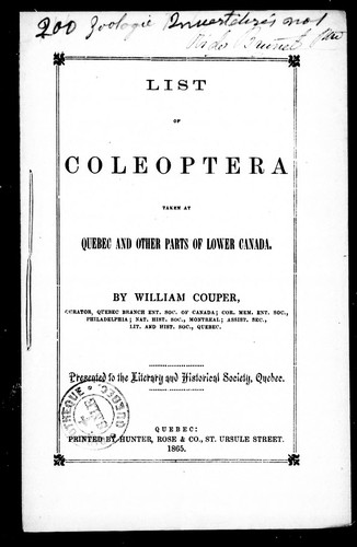 List of coleoptera taken at Quebec and other parts of Lower Canada