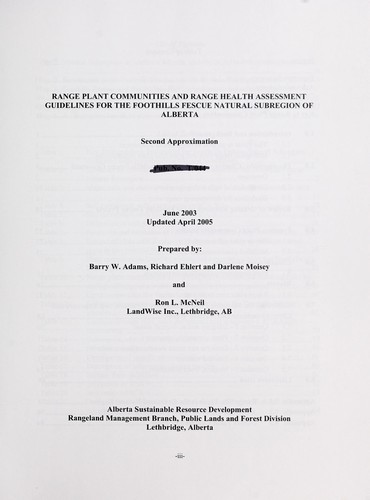 Range Plant Communities and Range Health Assessment Guidelines for the Foothills Fescue Natural Subregion of Alberta