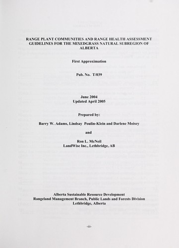 Range Plant Communities and Range Health Assessment Guidelines for the Mixedgrass Natural Subregion of Alberta
