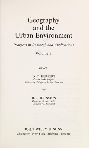 Geography and the Urban Environment: Progress in Research and Applications