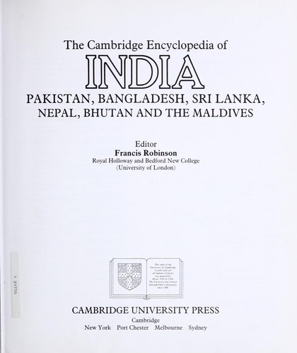 The Cambridge encyclopedia of India, Pakistan, Bangladesh, Sri Lanka, Nepal, Bhutan, and the Maldives