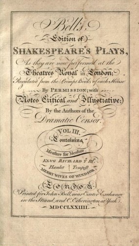 Bell's Edition of Shakespeare's Plays (Hamlet / King Richard III / Measure for Measure / Merry Wives of Windsor / Tempest)