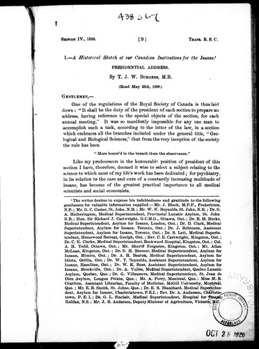 A historical sketch of our Canadian institutions for the insane