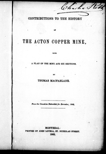 Contributions to the history of the Acton Copper Mine