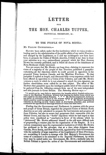 Letter from the Hon. Charles Tupper, provincial secretary, &c