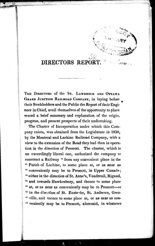 Report of the Directors and Chief Engineer of the St. Lawrence and Ottawa Grand Junction Railway Company