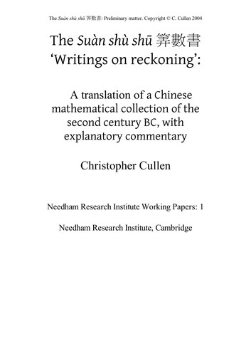 Suan Shu Shu: 'Writings on Reckoning': A Translation of a Chinese Mathematical Collection of the Second Century BCE