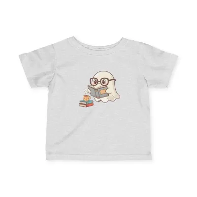 Cute Ghost Reading Book & Coffee Infant Fine Jersey Tee with Kawaii Ghost Reading Graphic for Baby Book Lovers, Kids & Parents