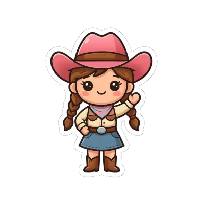 Sticker Kiss Cut 
– Kawaii Chibi Cowgirl Pink Hat Pigtails Illustration
