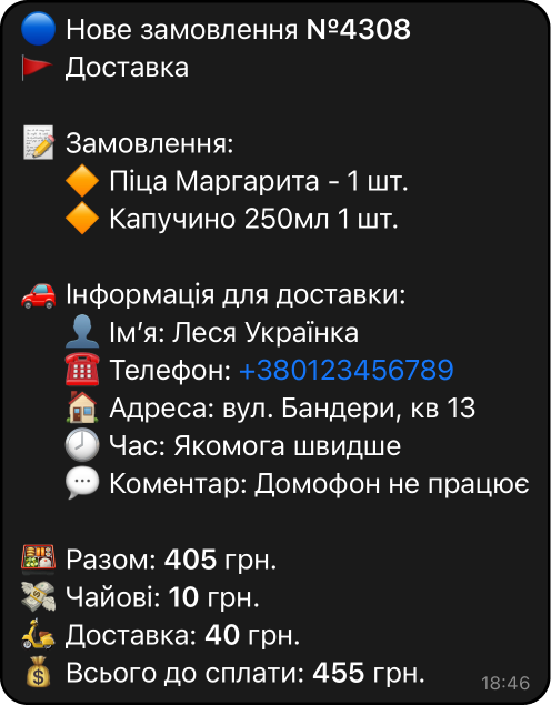 Приклад замовлення на доставку в системі повідмень в telegram боті Eat Scan Pay Нотифікація про замовлення на доставку з використанням телеграм боту