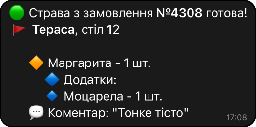 Автоматичне повідомлення з кухні для офіціанта про готовність страви, в телеграм боті. Приклад роботи системи нотифікацій та KDS системи, що інформує про готовність страви офіціанта та адміністратора закладу