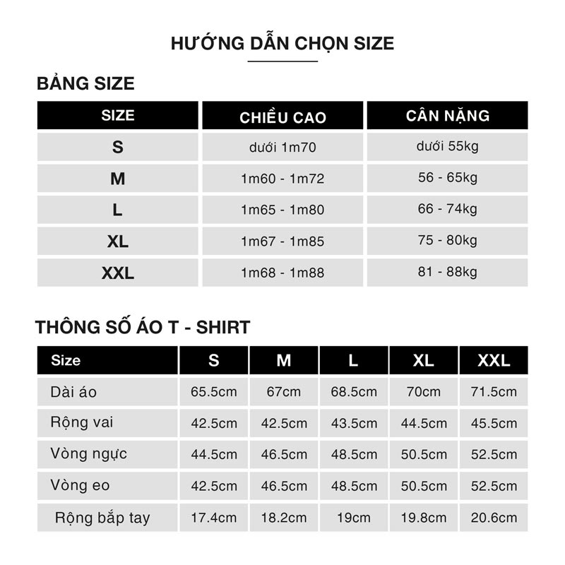 Bảng hướng dẫn chọn size