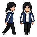 生成一个图一女学生多角度行走图，图二是服装参考图，不过外套不变，里面的衣服要换成白色的