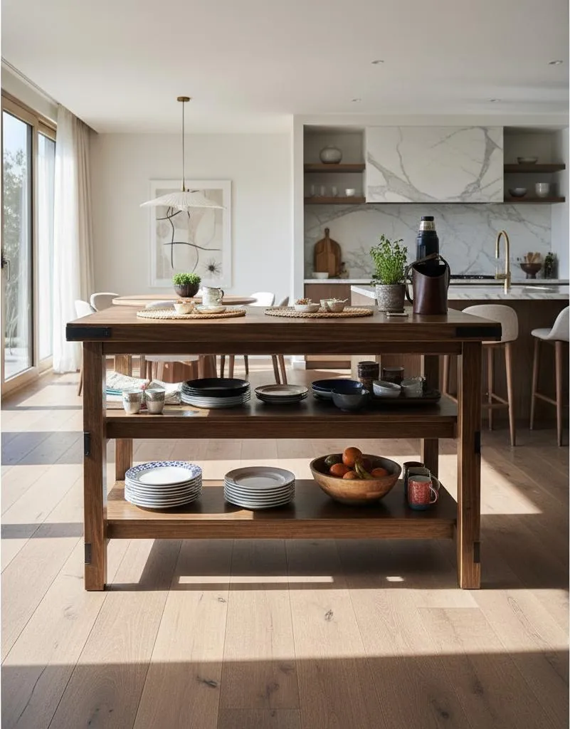 Mesa De Cocina Maciza Con Estantes