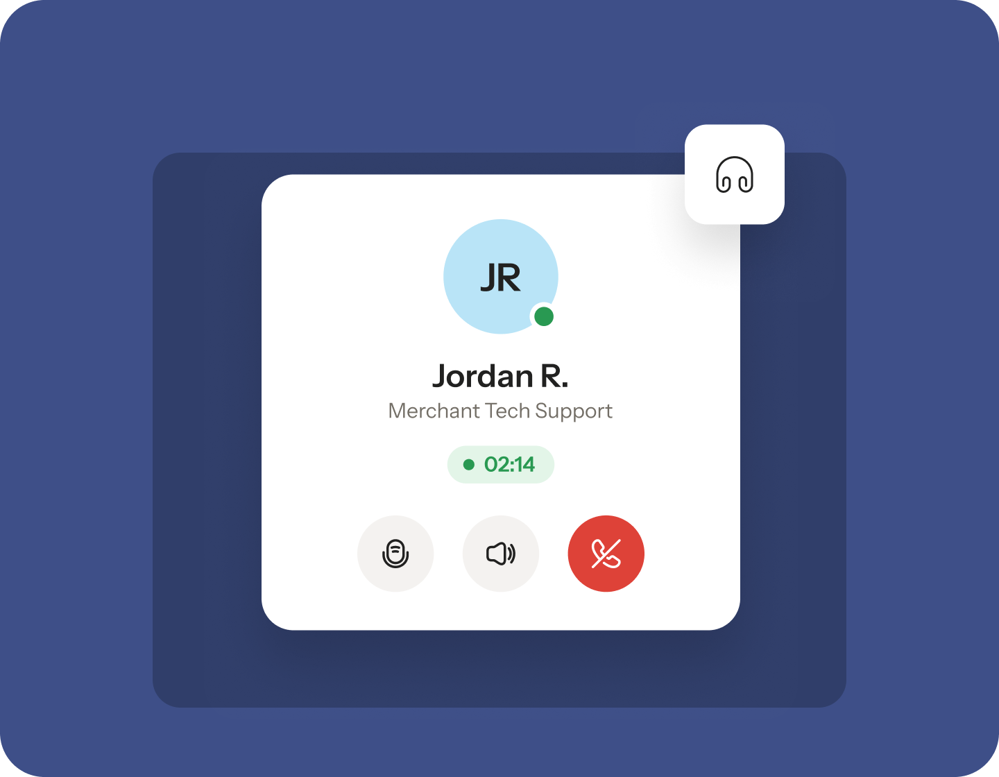 A live support call with Jordan R. from Merchant Tech Support, with mute, speaker and end-call controls