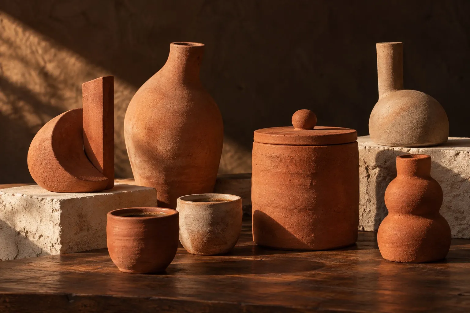 Terracotta vessels and cups in low sun