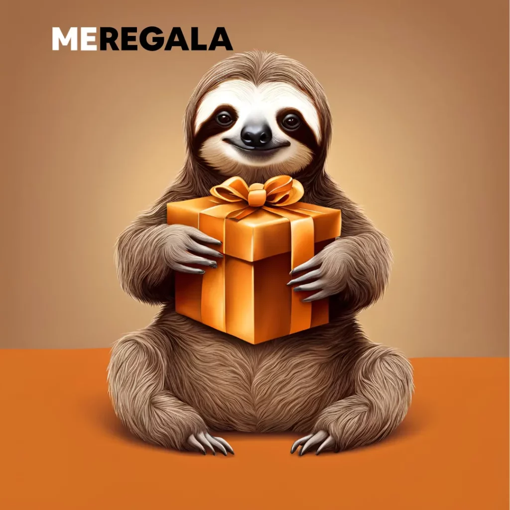 Sloth holding meregala regalo with meregala logo