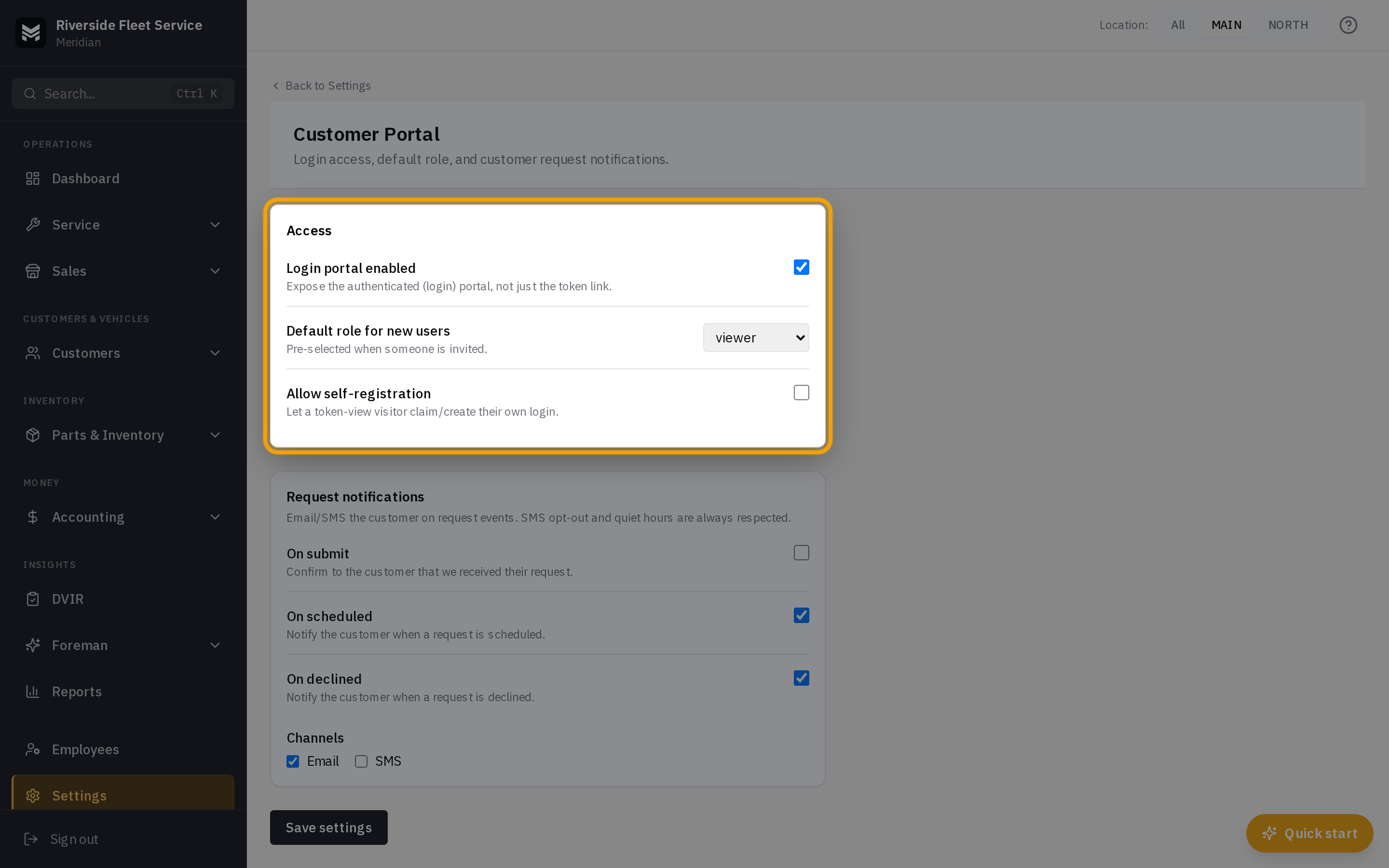 The Customer Portal settings page showing the Access toggles and Request notifications section