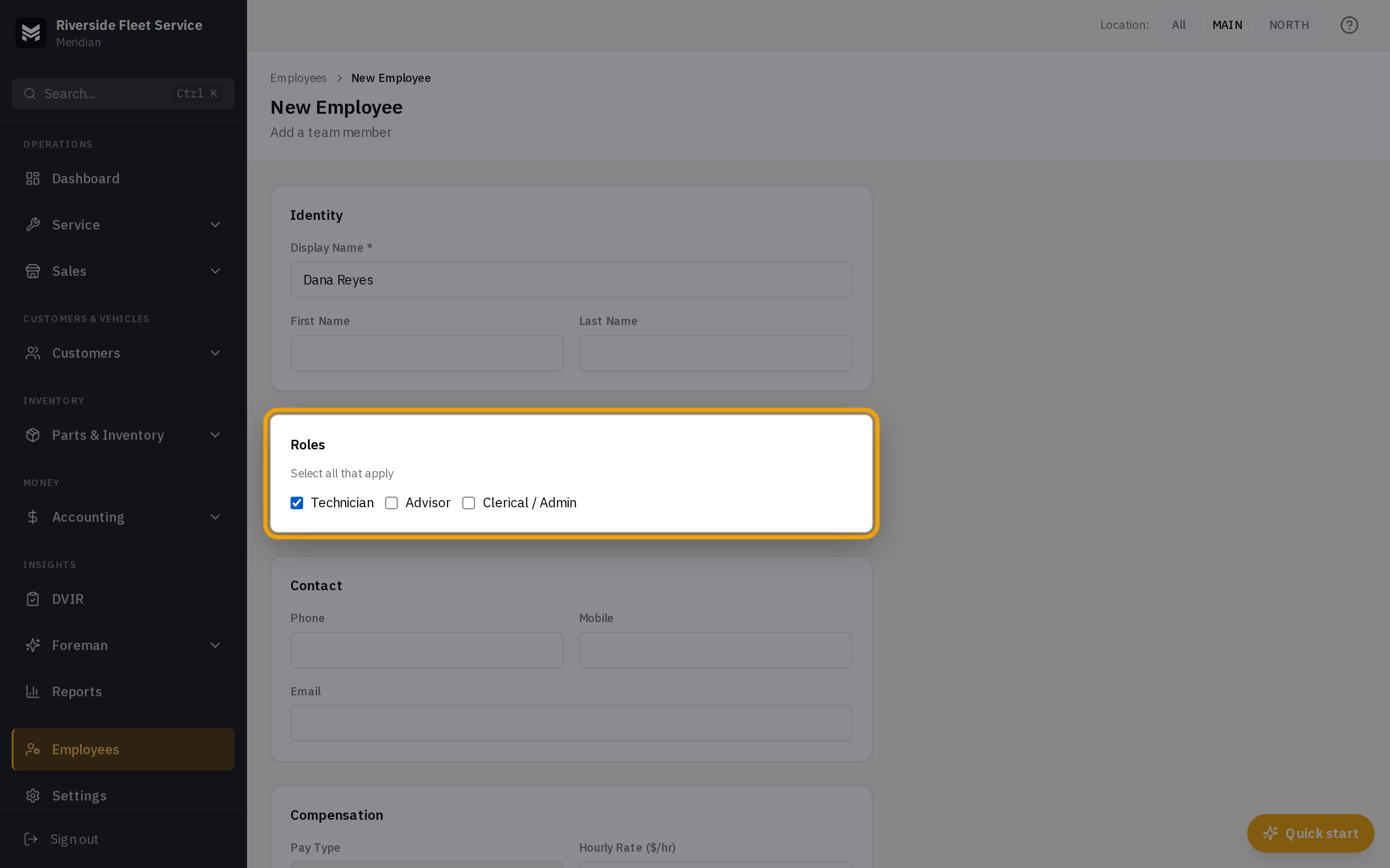 The New Employee form with the Display Name field and the Technician, Advisor, and Clerical / Admin checkboxes