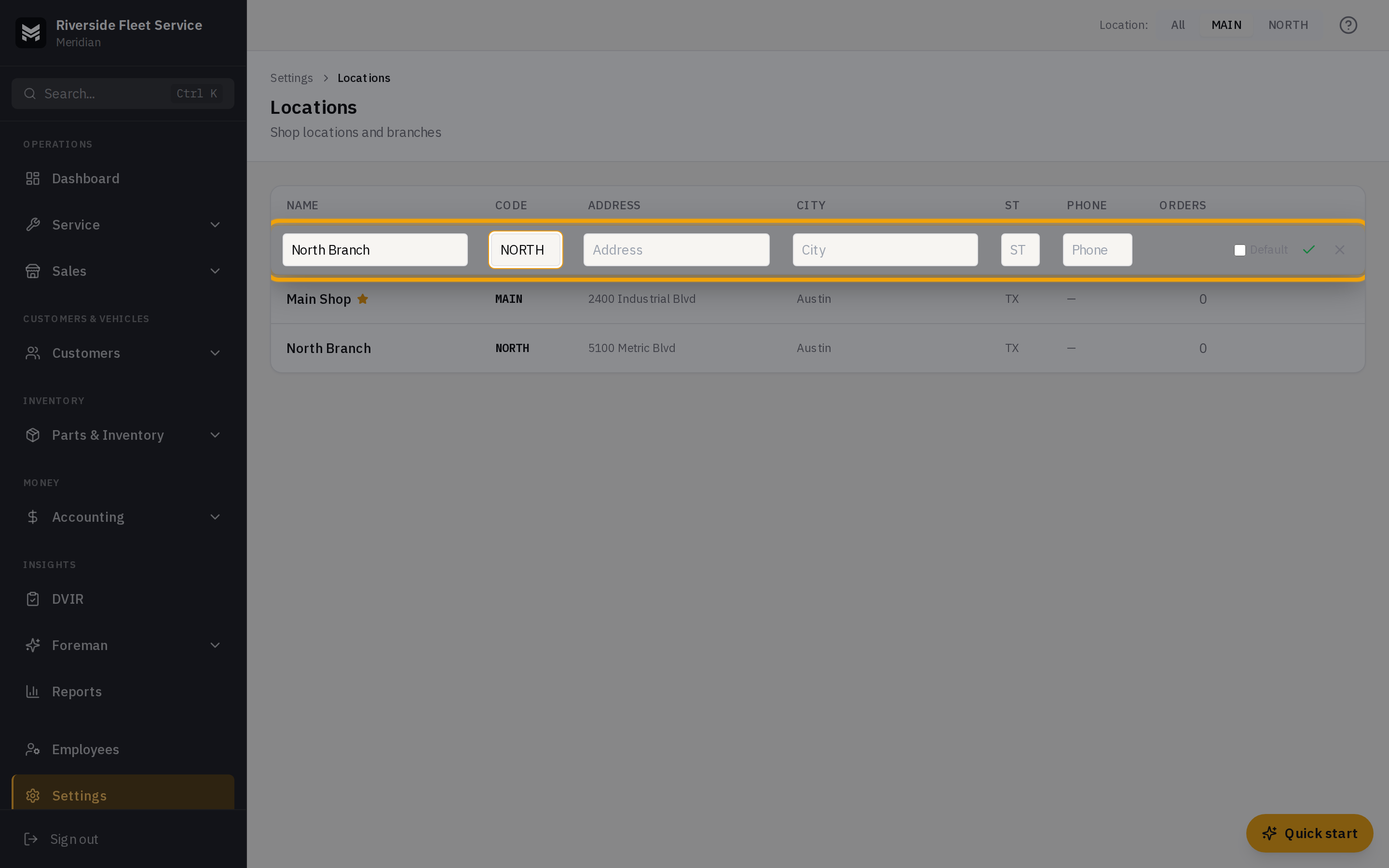 The Locations page with the Add Location row open, showing Name, Code, Address, City, ST, and Phone fields
