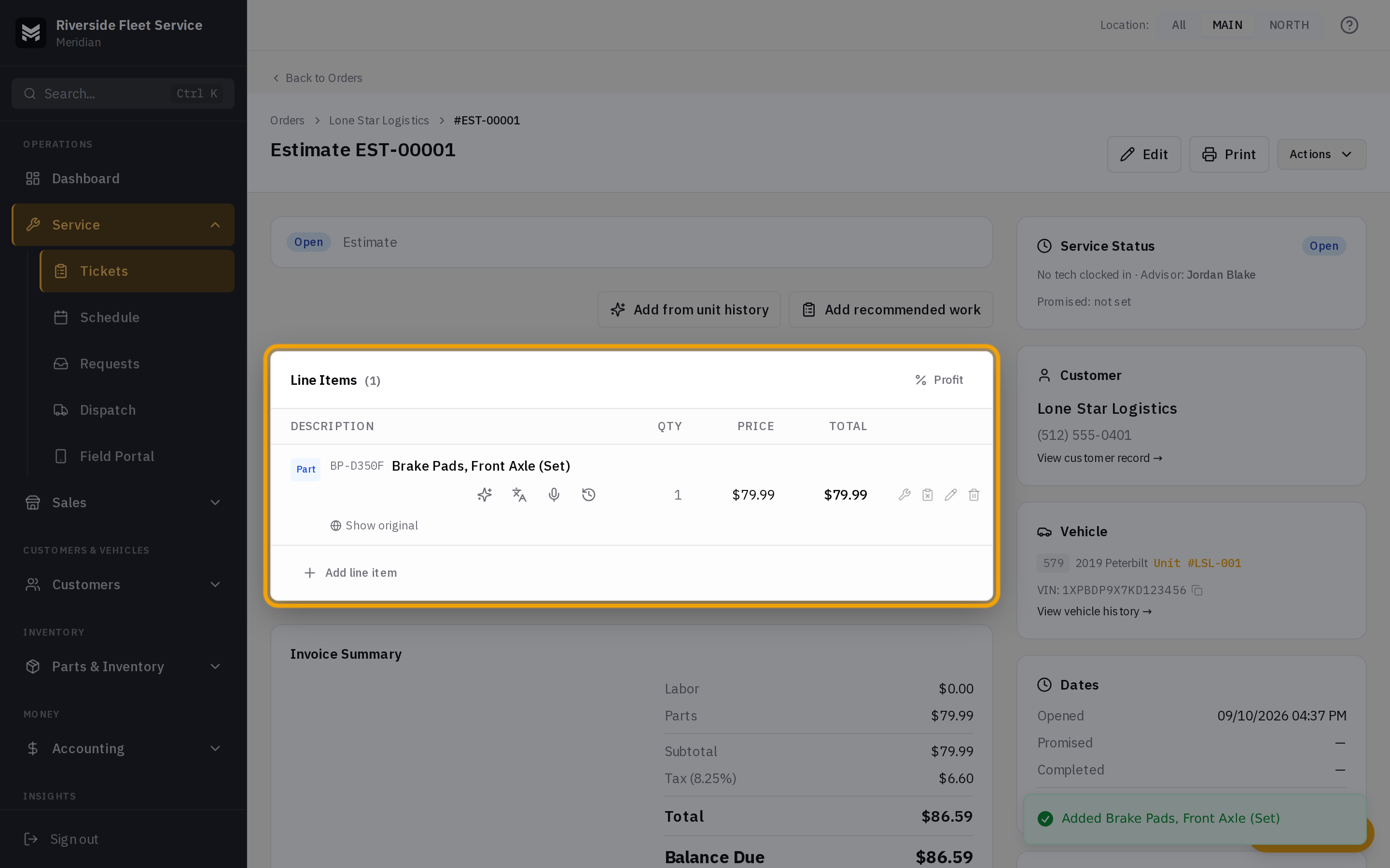 An estimate with labor and part lines and the quote total