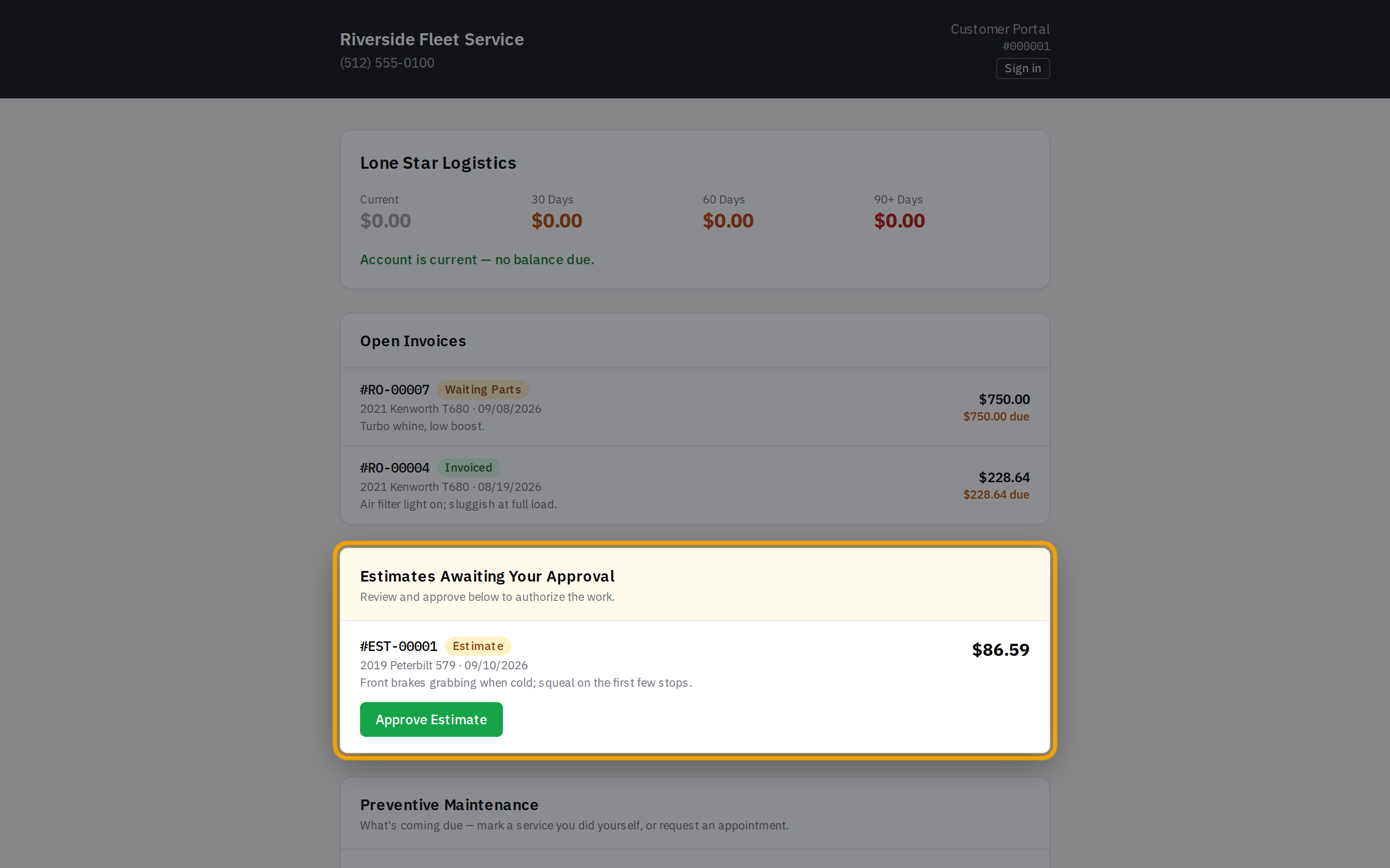 The customer portal showing the estimate with an Approve Estimate button
