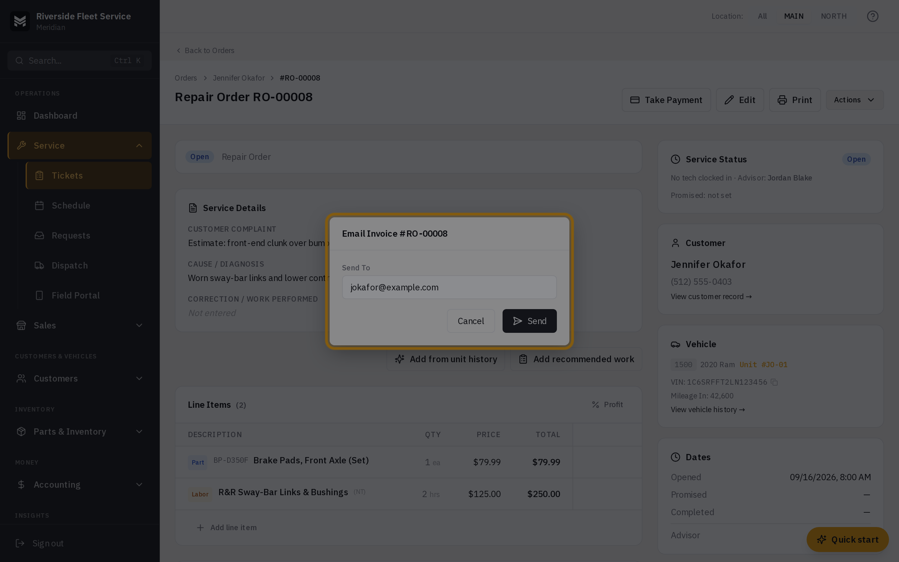The Email Invoice dialog with the customer's address prefilled in Send To