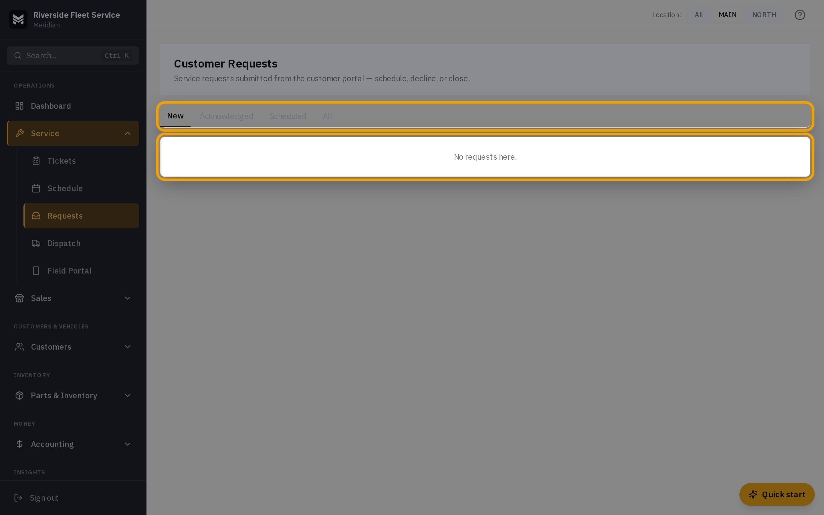 The Requests inbox with the New, Acknowledged, Scheduled, and All tabs and a request card
