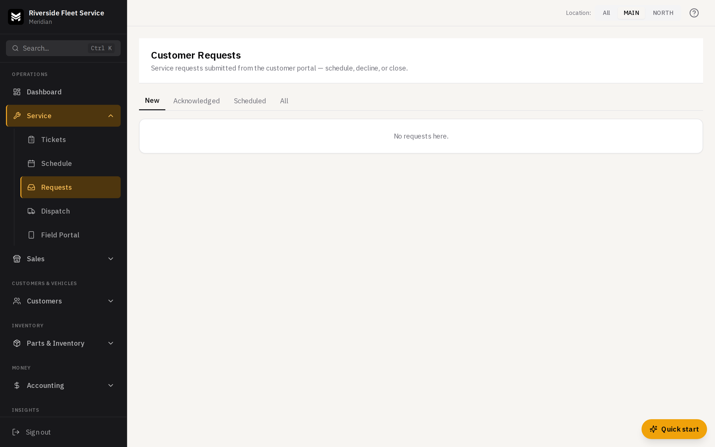 A request card with the schedule panel open showing a start-time picker and Confirm and notify
