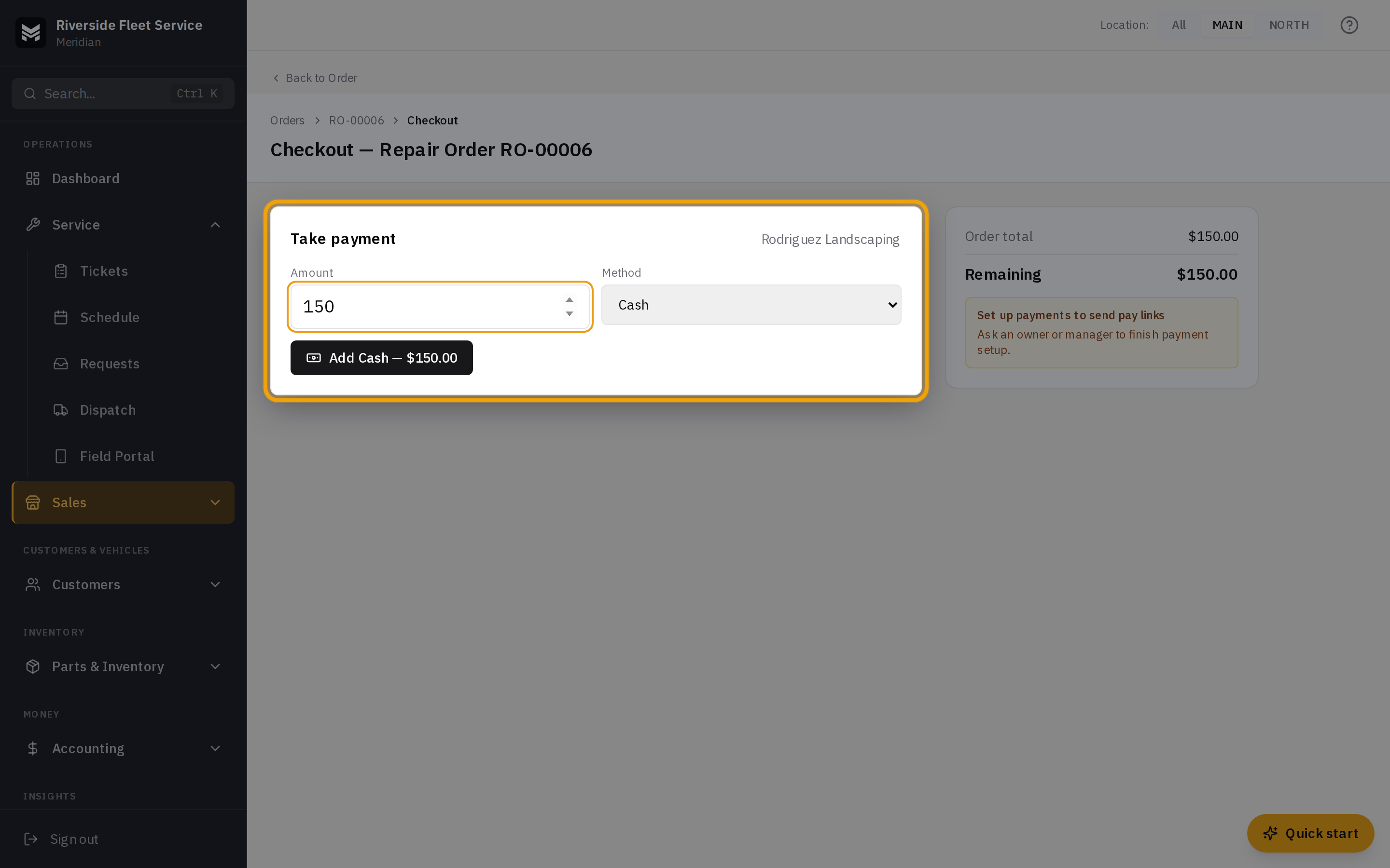 The POS tender pad with amount, method dropdown, and the balance rail