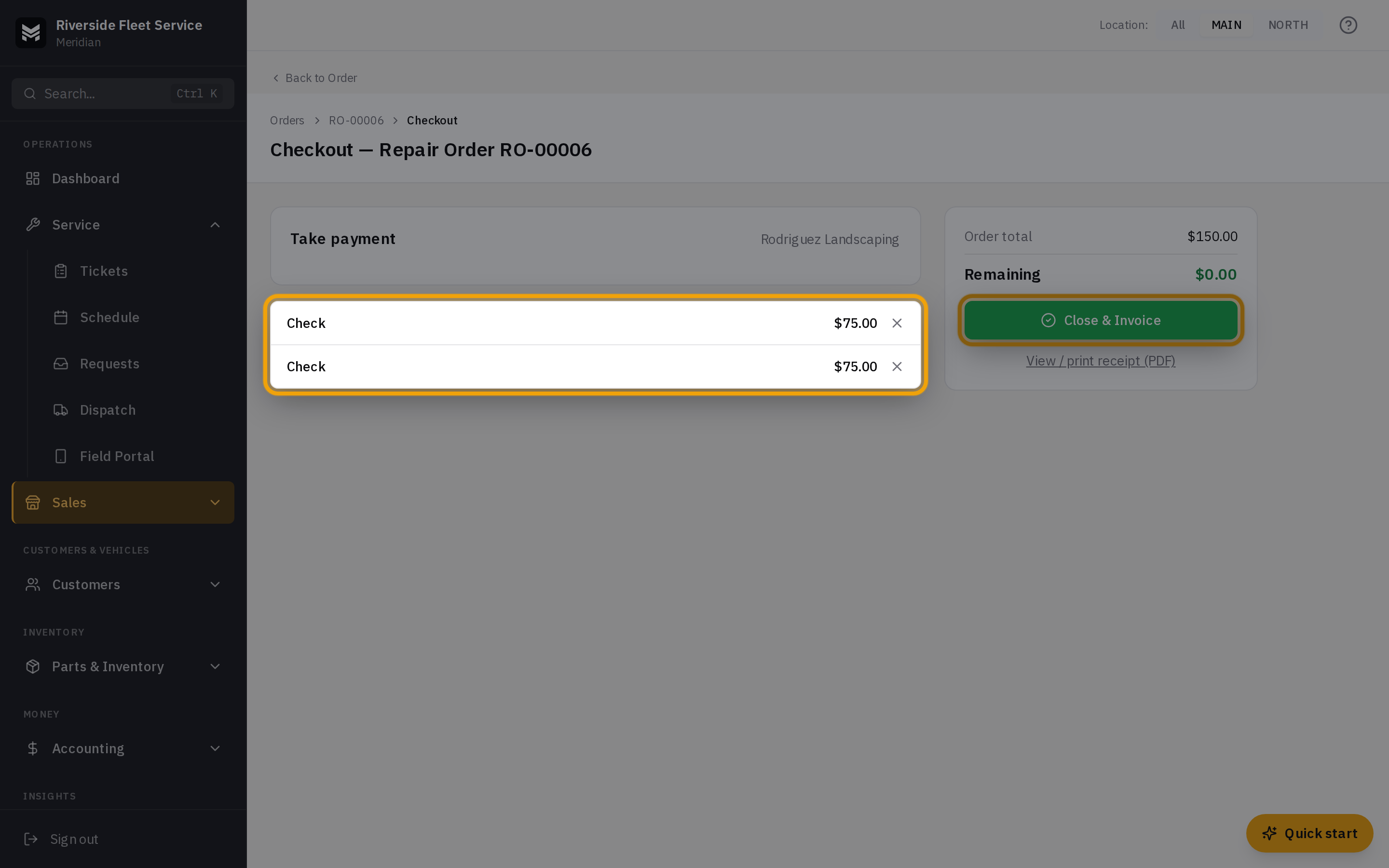 Two recorded tenders with the Remaining balance at zero and the Close and Invoice button