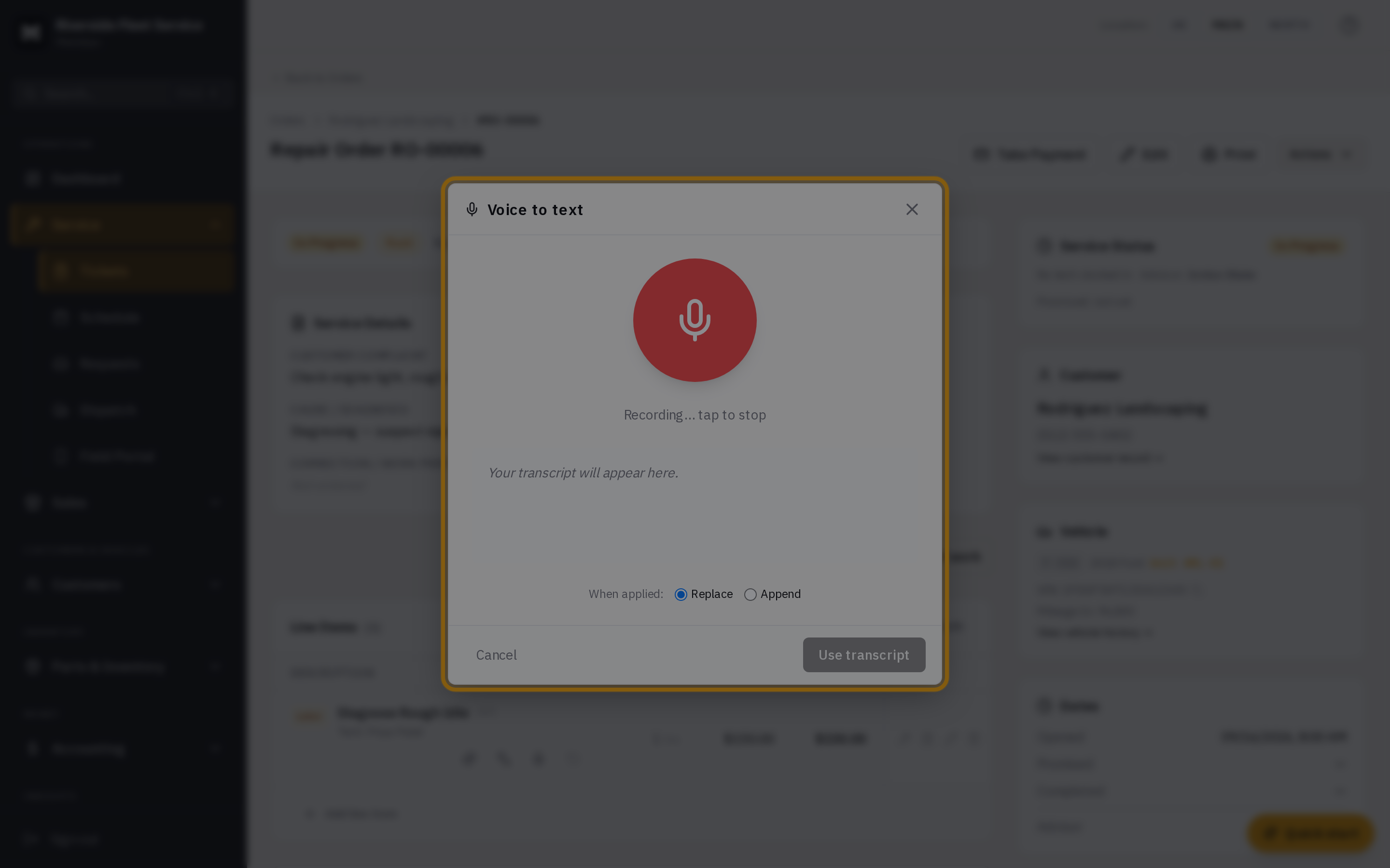 The Voice to text dialog with a live transcript and the Replace/Append choice