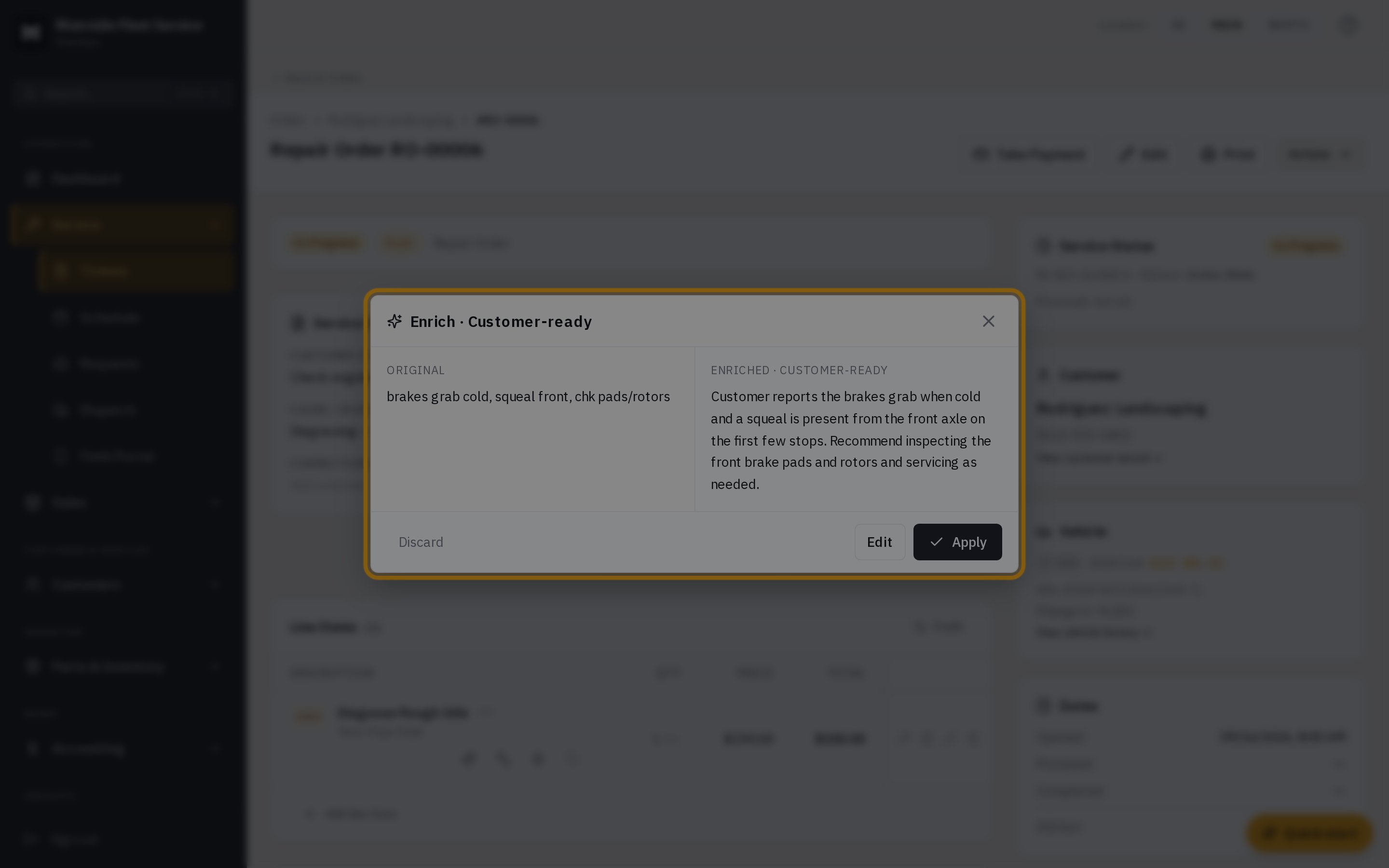 The Enrich dialog showing the original text beside the customer-ready rewrite