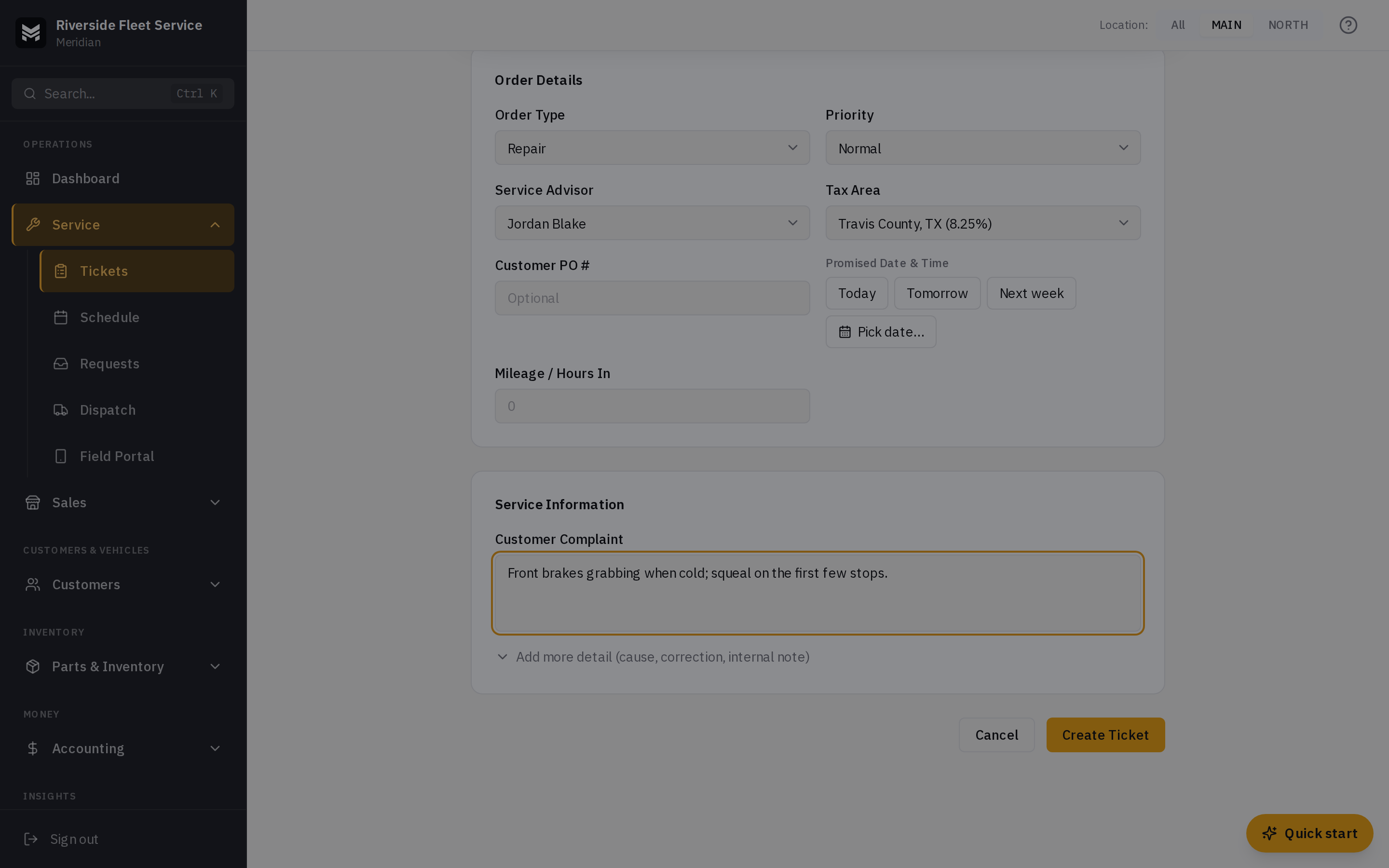 The new ticket form with a customer selected and their vehicles listed