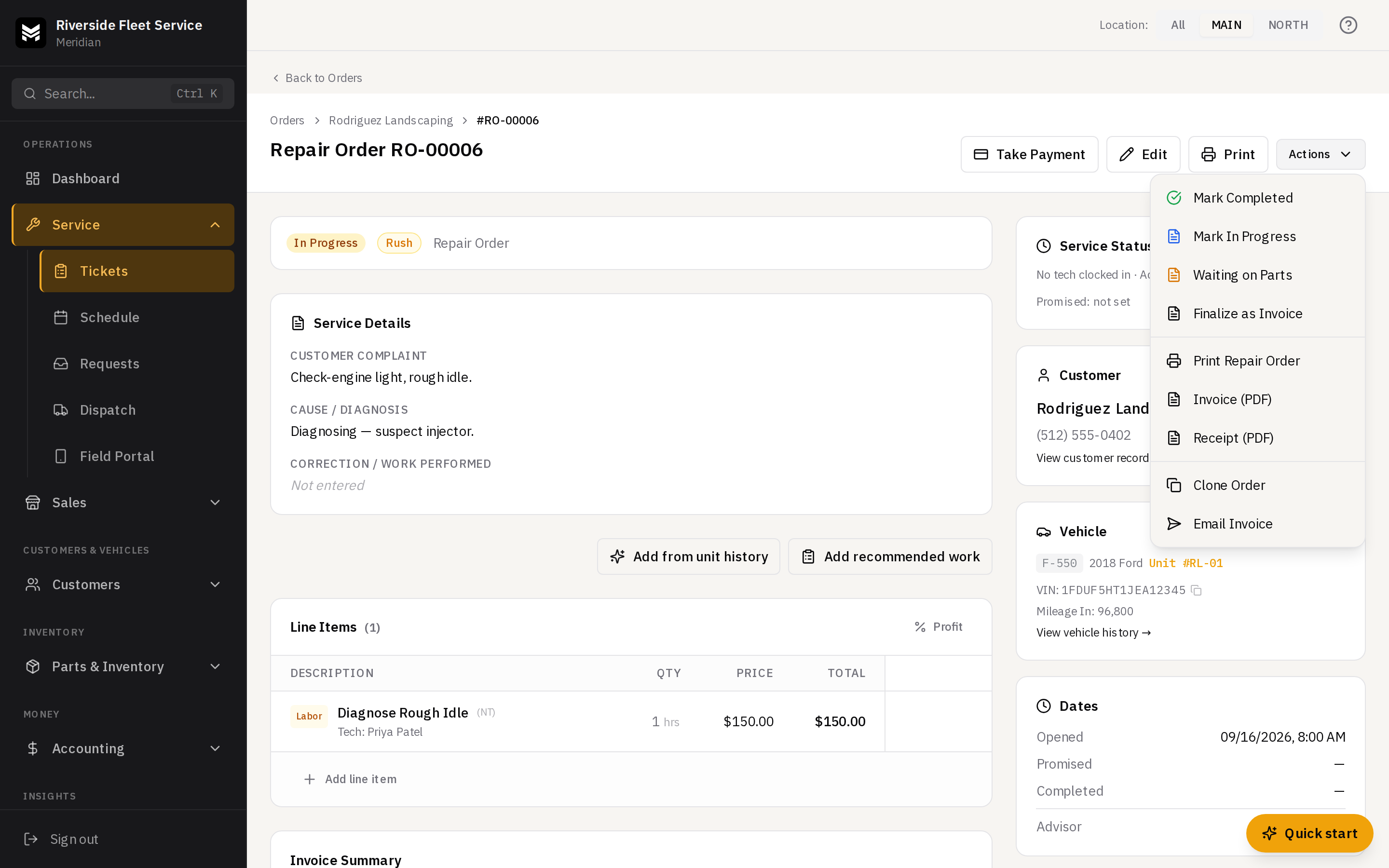The Actions dropdown on the order with status moves and Finalize as Invoice