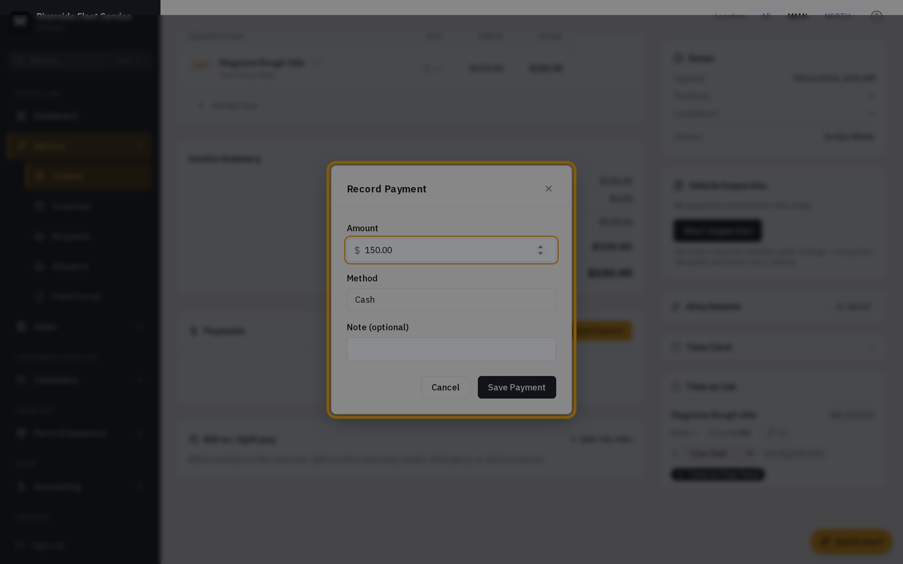The Record Payment dialog with amount, method, and reference fields