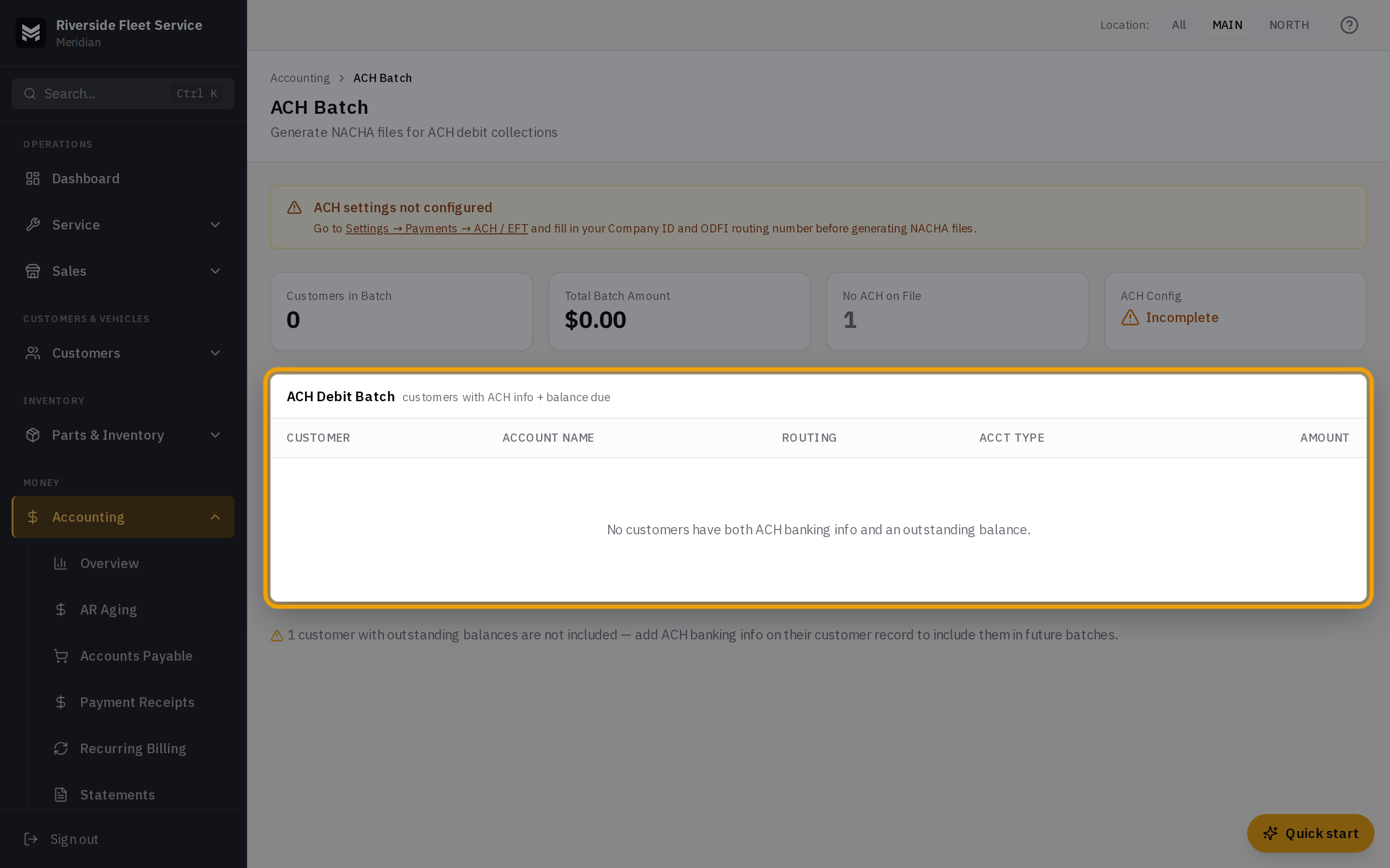 The ACH Batch page with Customers in Batch, Total Batch Amount, No ACH on File, and ACH Config cards, the batch table, and the Download NACHA File button