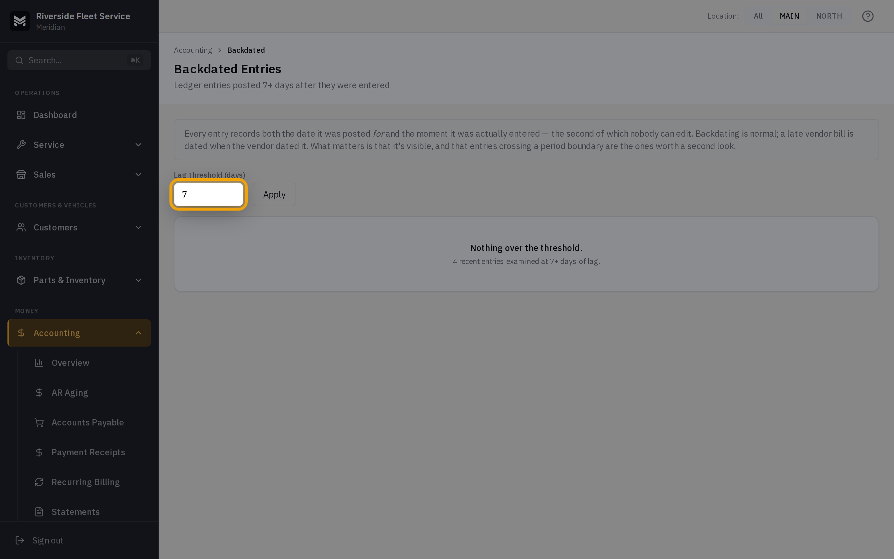 The Backdated Entries screen with the lag threshold control and a table of entries
