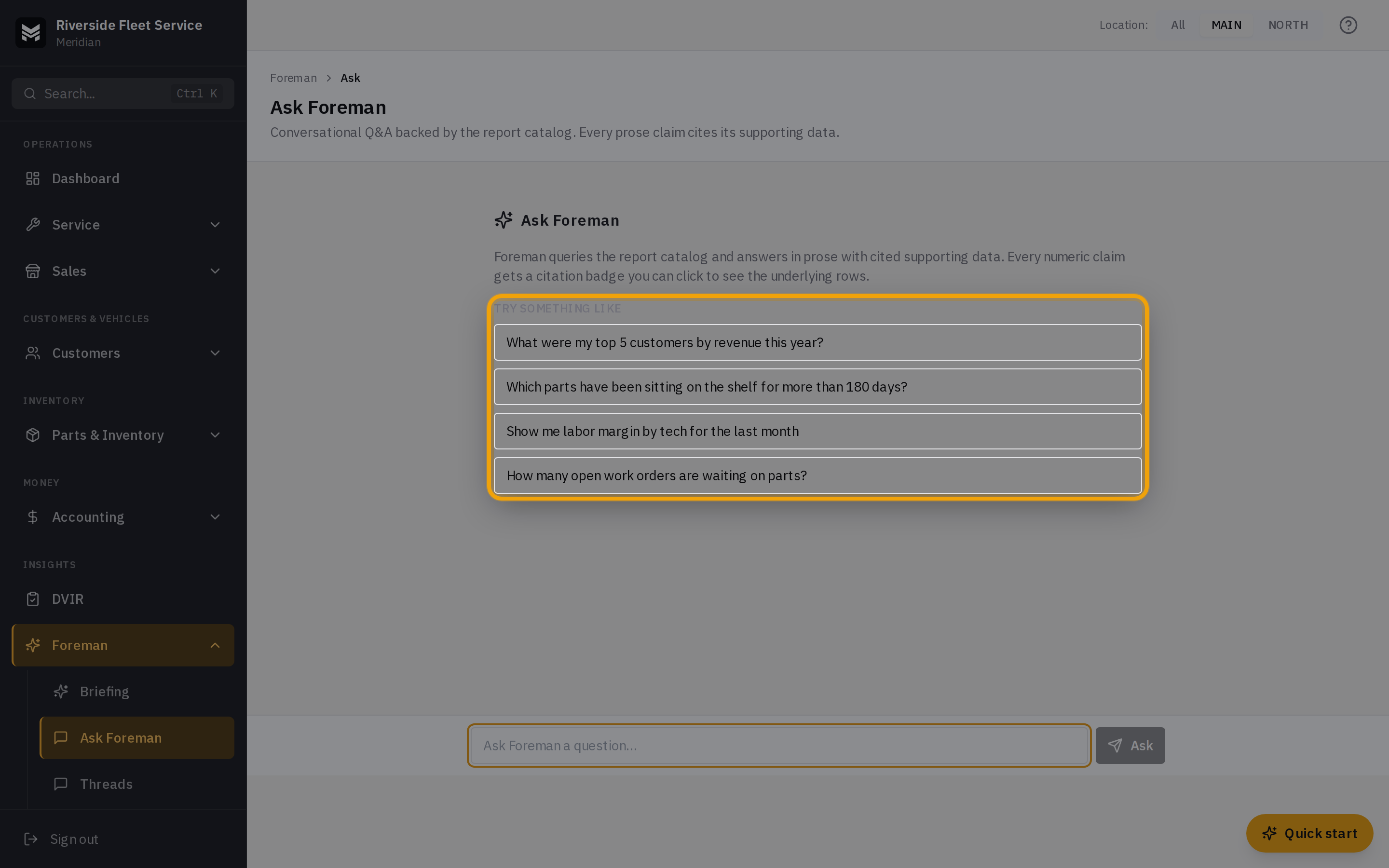 The Ask Foreman page with a typed business question, a prose answer, and clickable numbered citation badges linking each figure to its supporting data