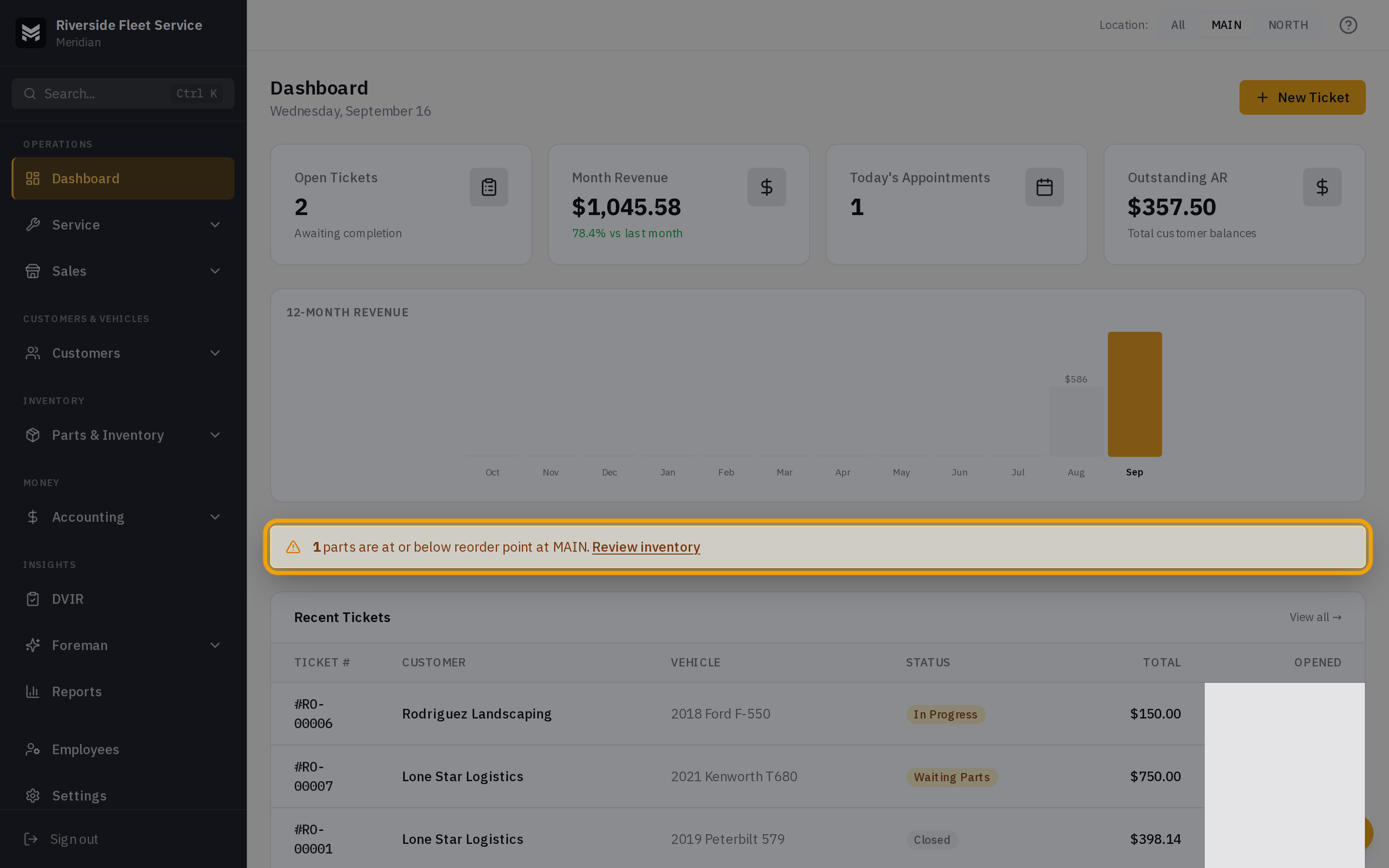 Dashboard alert banners for orders past promise date and low-stock parts, above the Recent Orders table