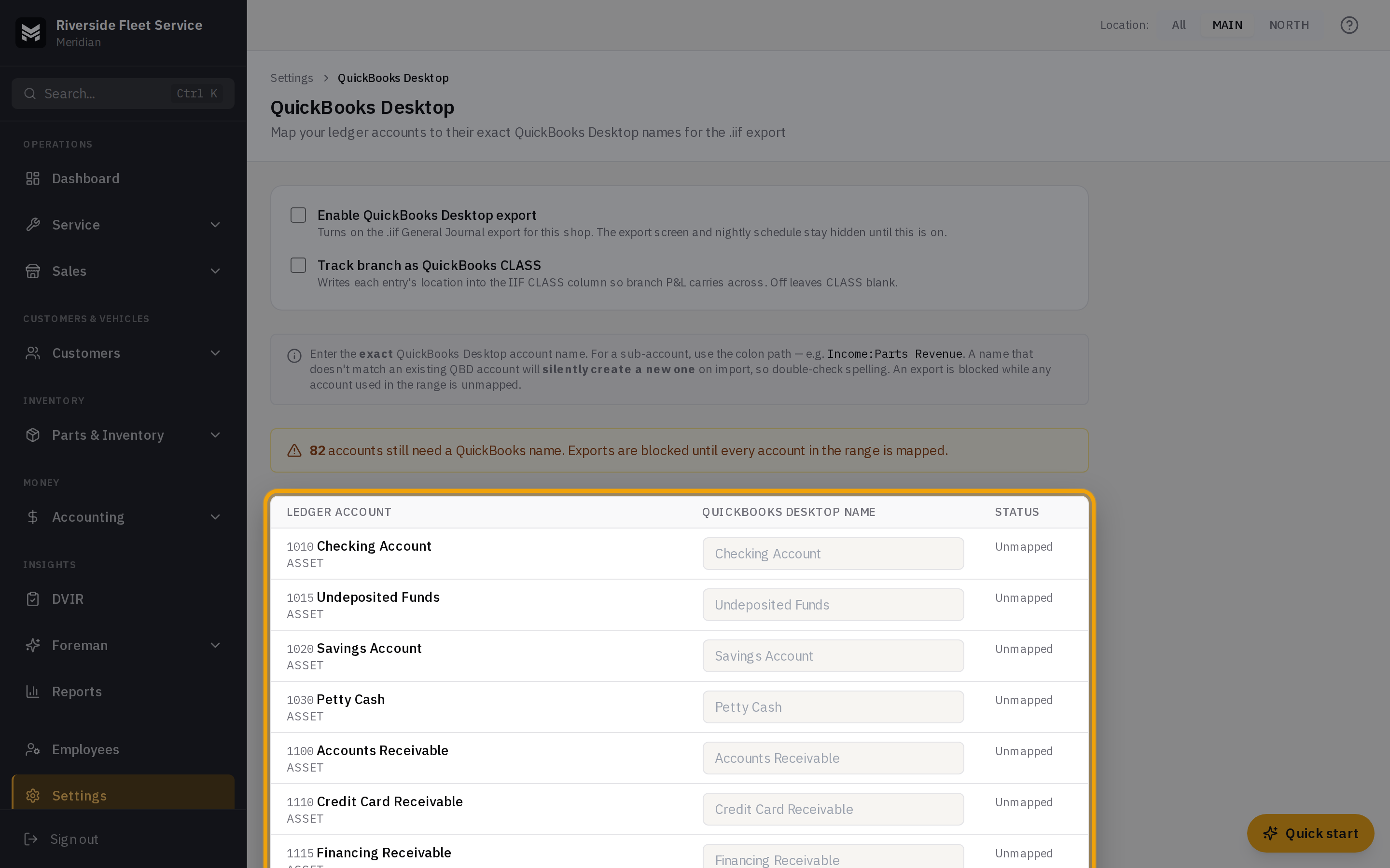 The QuickBooks Desktop settings page with the Enable QuickBooks Desktop export toggle and the account-mapping grid showing Ledger account, QuickBooks Desktop name, and Status columns