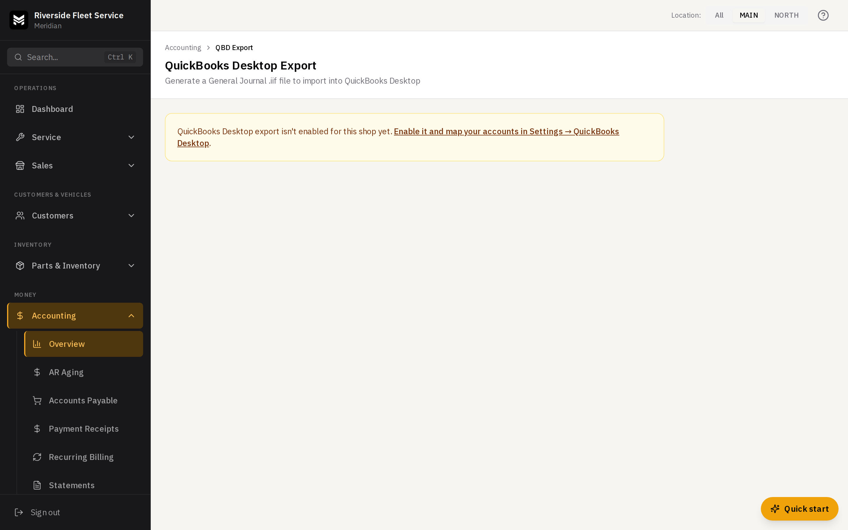 The QBD Export page with a Range selector, the Preview showing transaction and line counts and the first lines of the file, an unmapped-accounts warning, and the Download .iif button