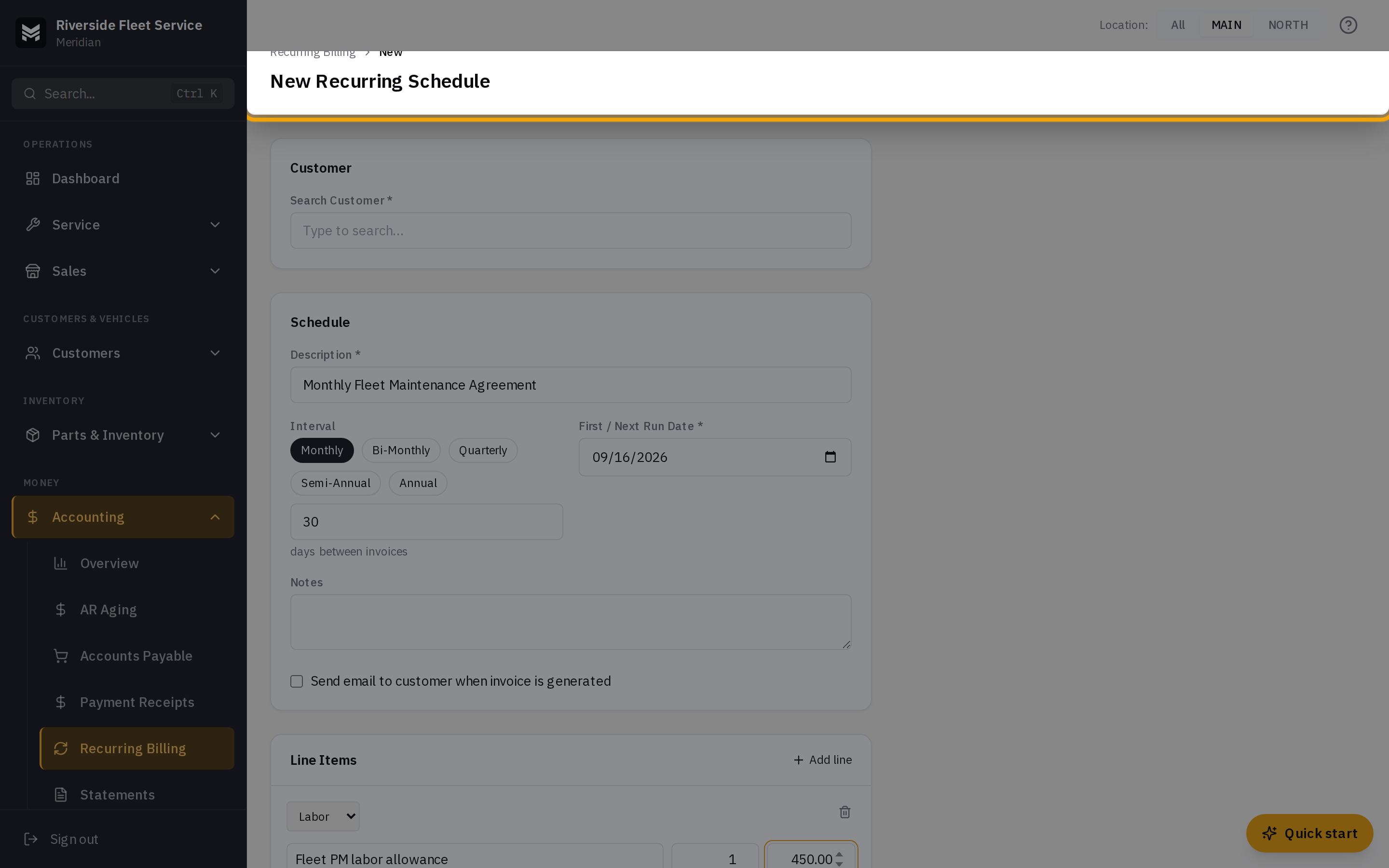 The New Recurring Schedule form with Search Customer, Description, Interval presets, First / Next Run Date, and the Line Items section
