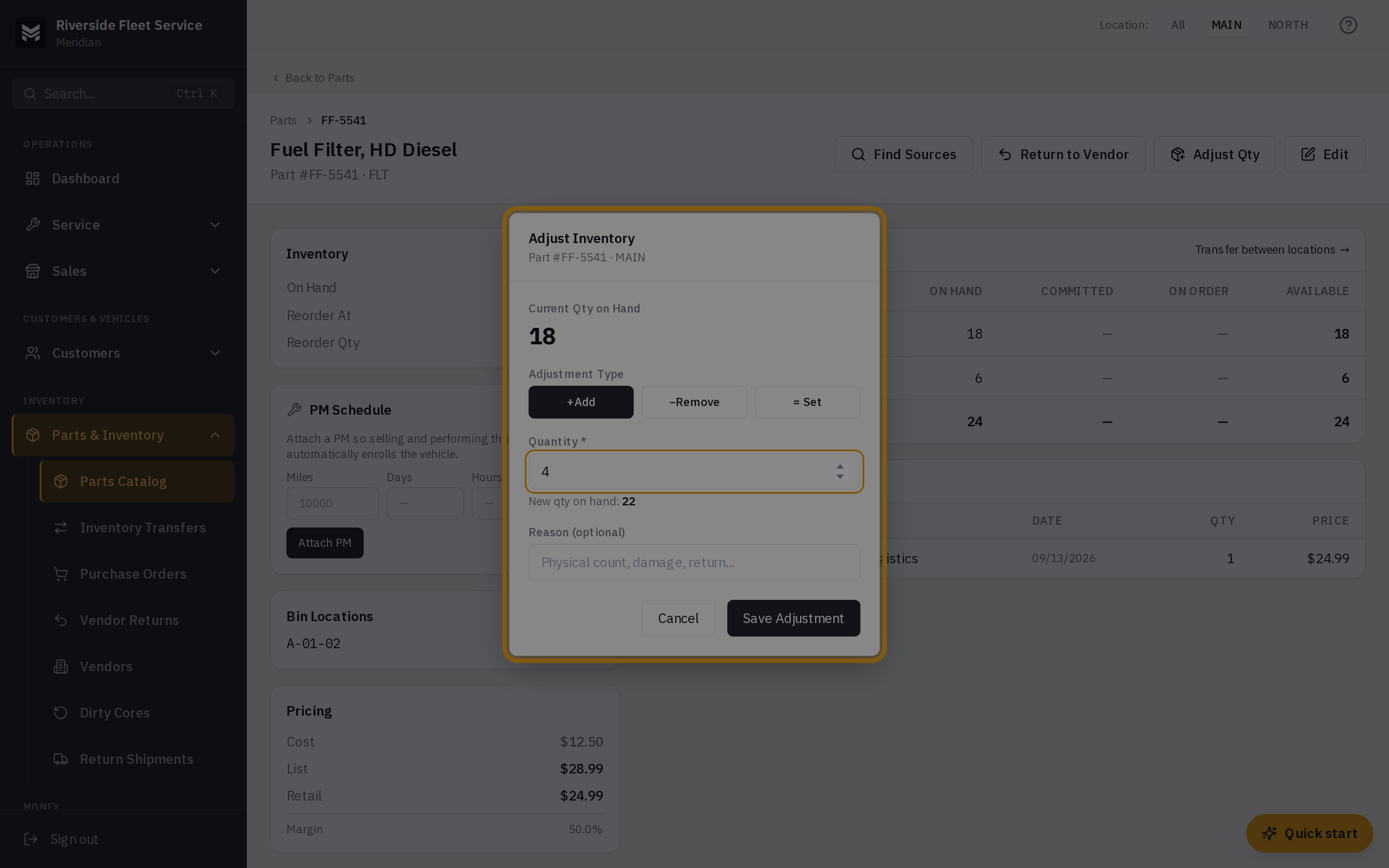 The Adjust Inventory modal with adjustment type buttons and a quantity field