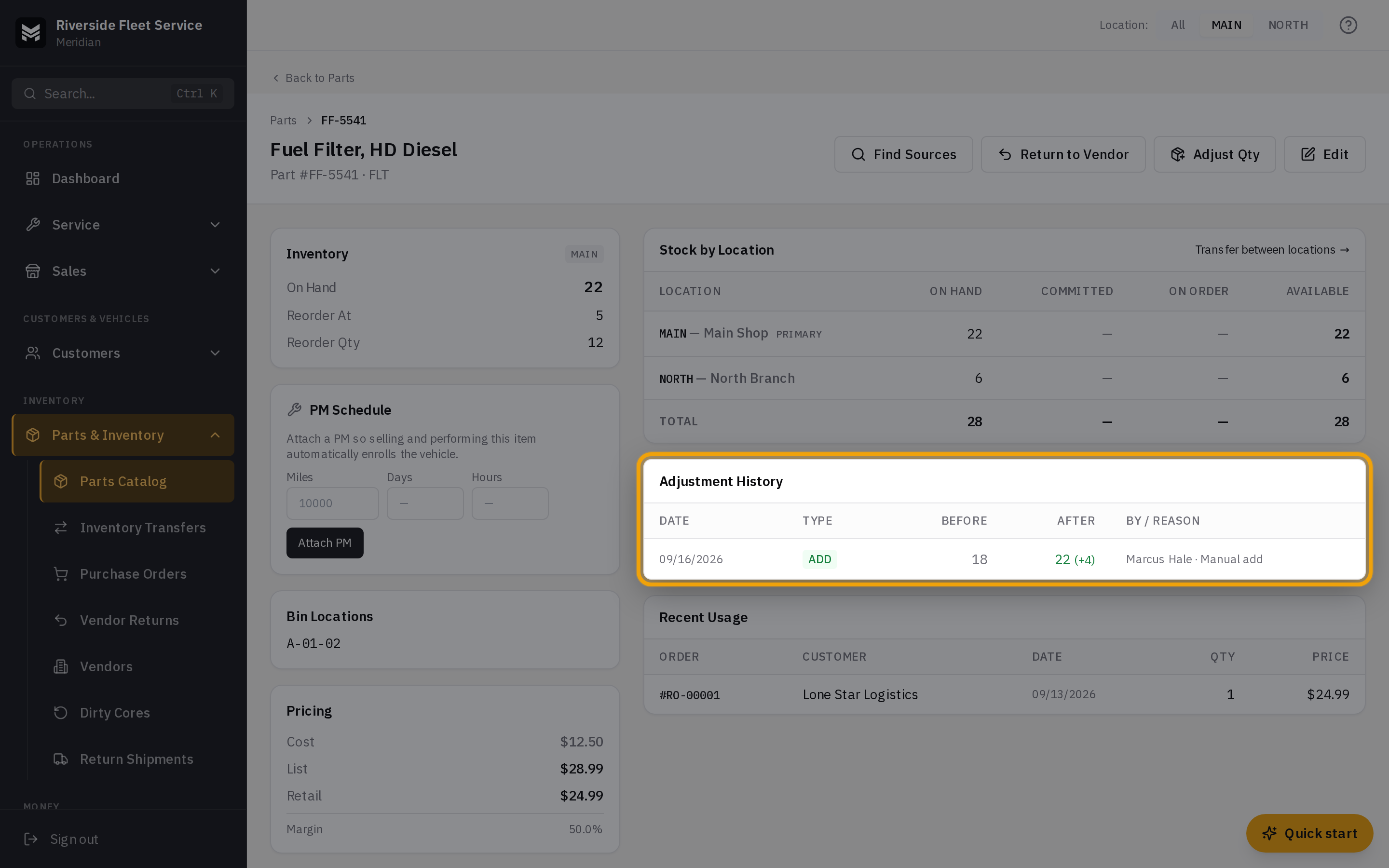 The Adjustment History table on the part detail page showing before and after counts