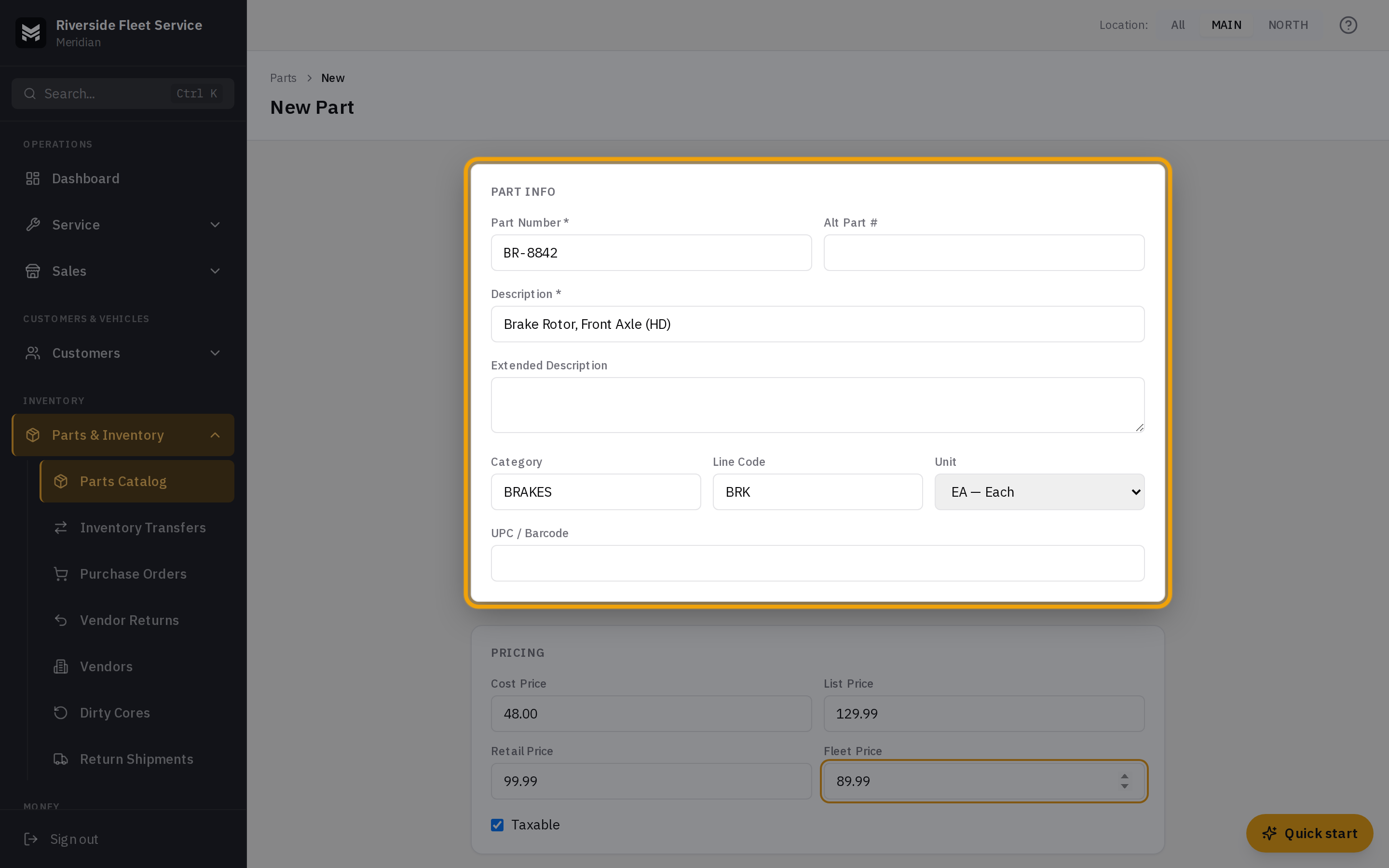 The New Part form with Part Info and Pricing sections filled in
