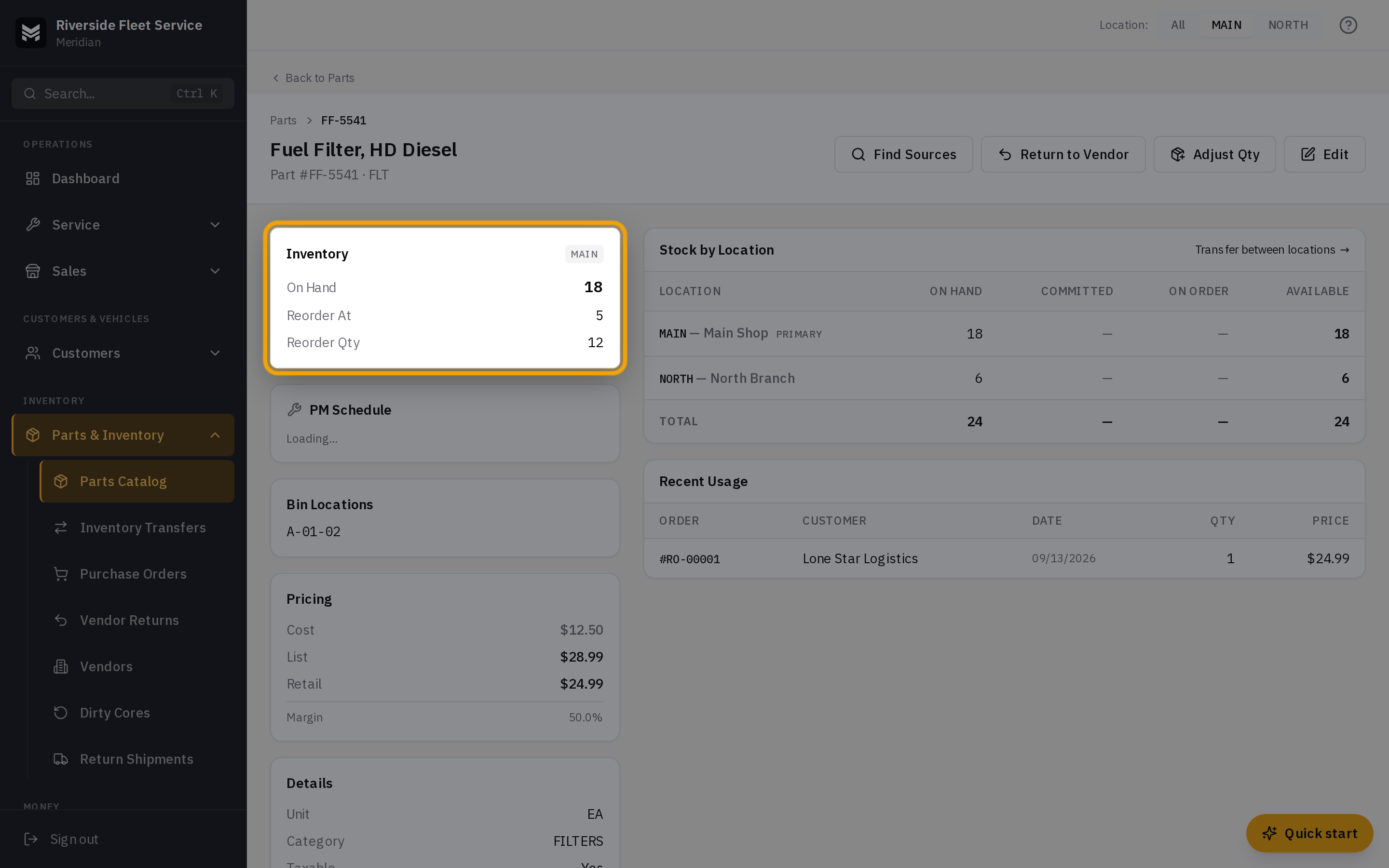 The part detail page showing the Inventory card, bin locations, and pricing