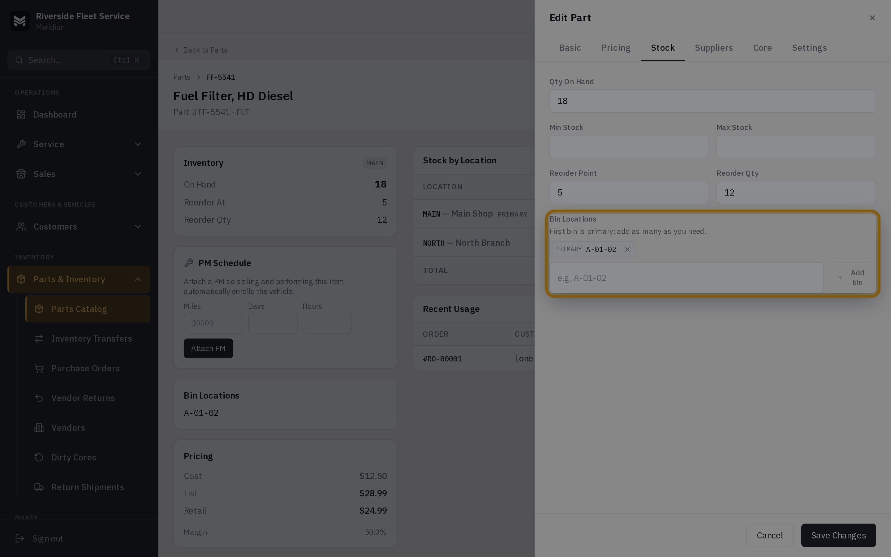 The Edit Part sheet on the Stock tab with three bin location chips