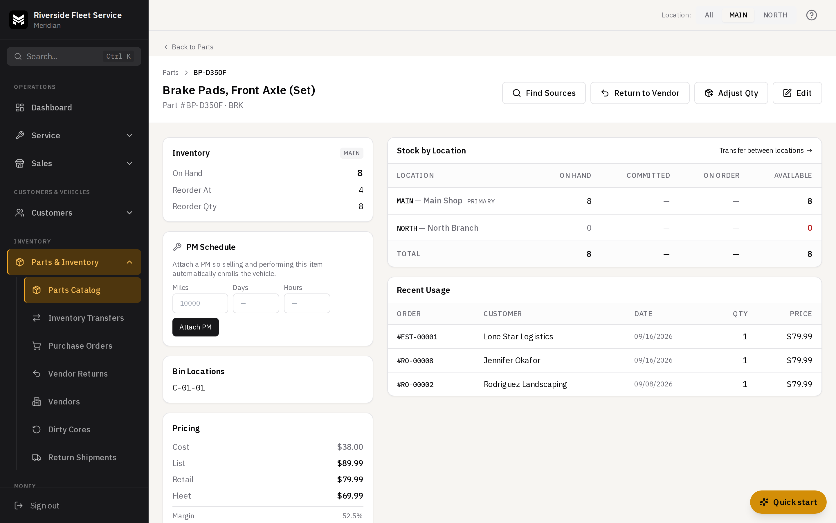 The Kit Components panel on a part detail page with part and labor rows and a parts total