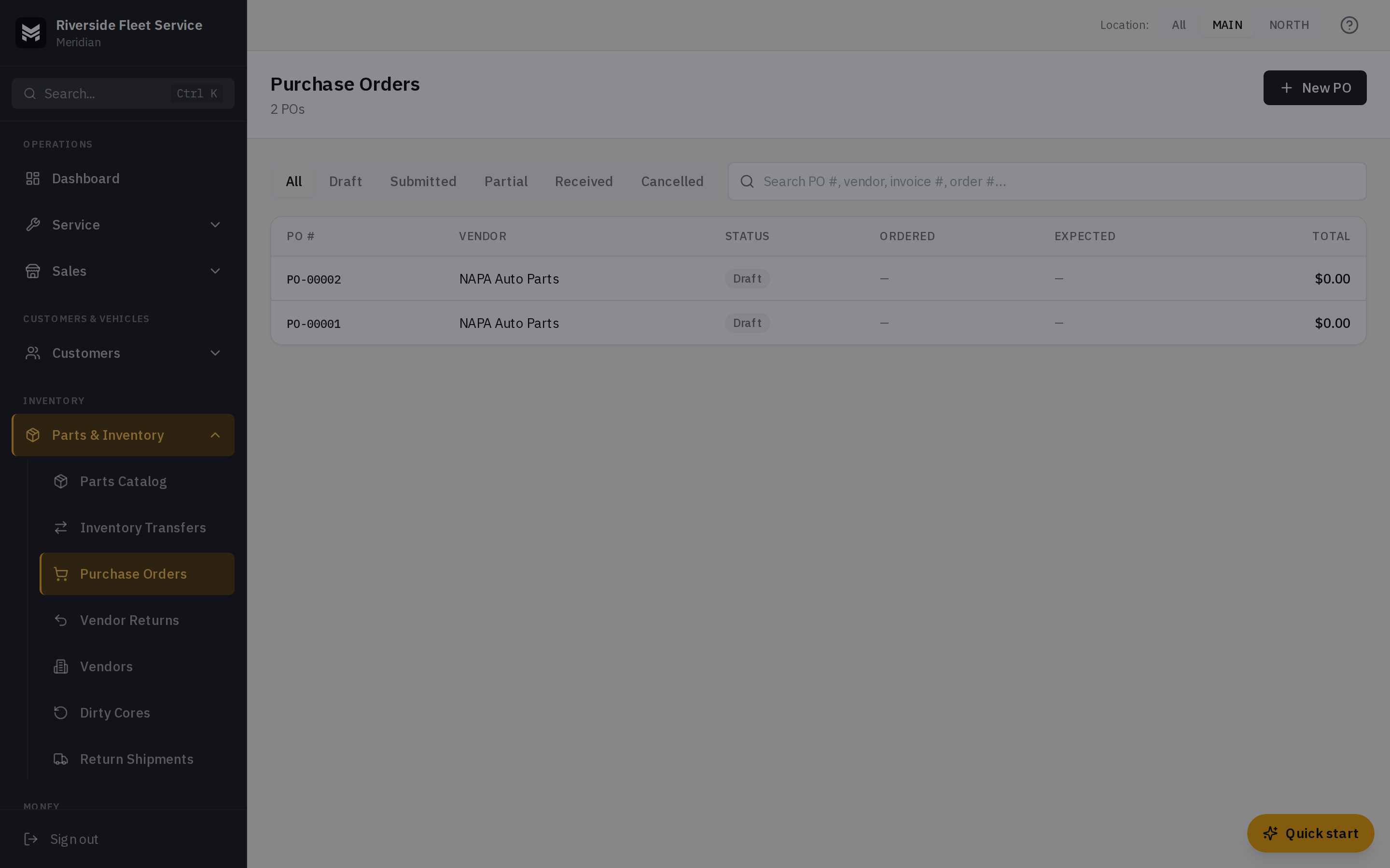 The purchase order list with status tabs